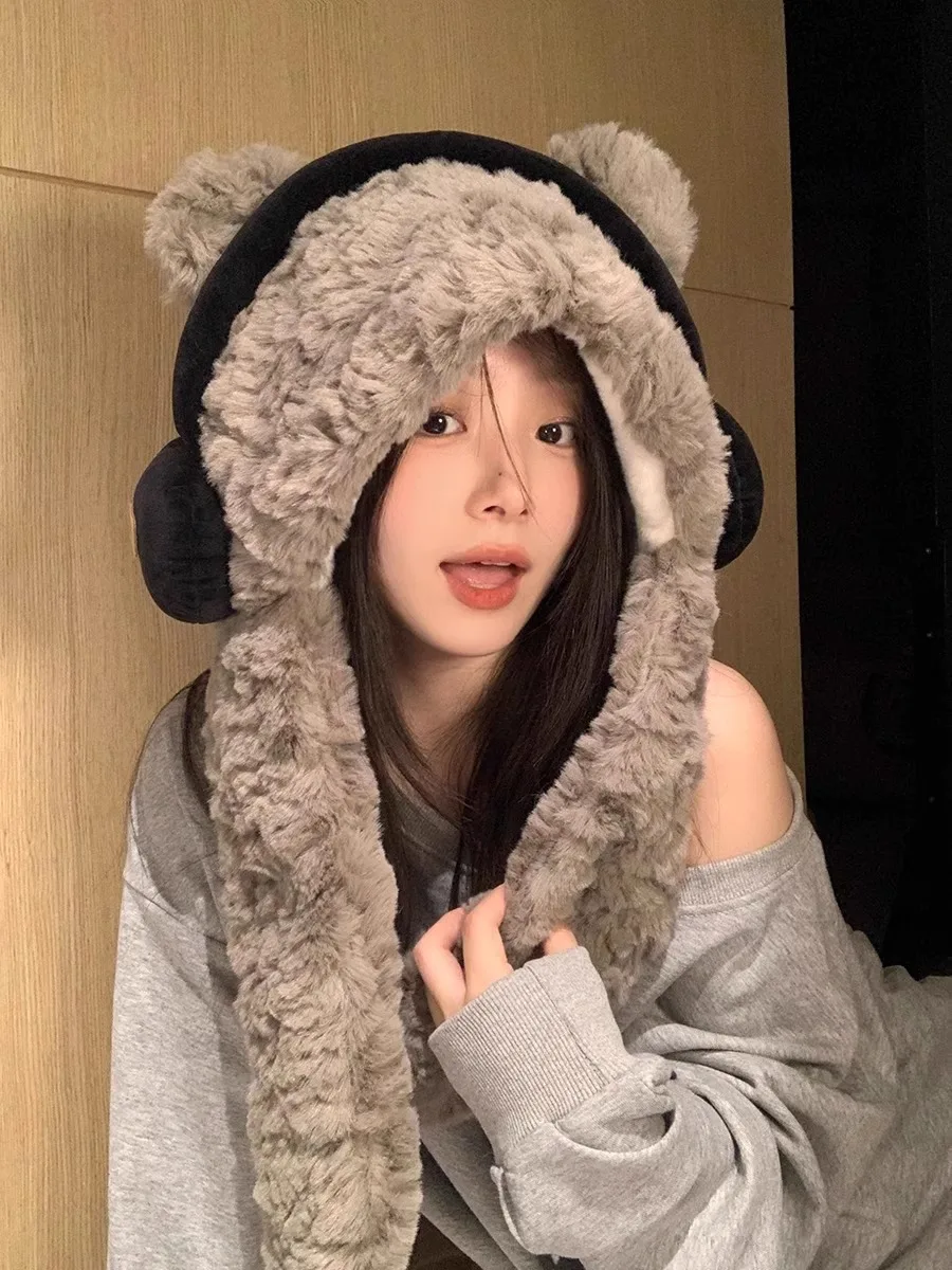 ผ้าพันคอคลุมศีรษะแบบมีฮู้ดสำหรับผู้หญิง พร้อมที่ปิดหูรูปหมีในตัว ใช้เป็นผ้าคลุมคอและหมวกสำหรับขี่ในฤดูหนาวและให้ความอบอุ่นกลางแจ้ง