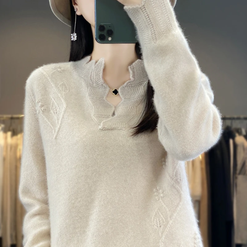 Lrregular Fashion Wool Sweater Women's Autumn/Winter Long Sleeve Solid Color French Hoodie 100% Merino Wool Jumper Knitted Top