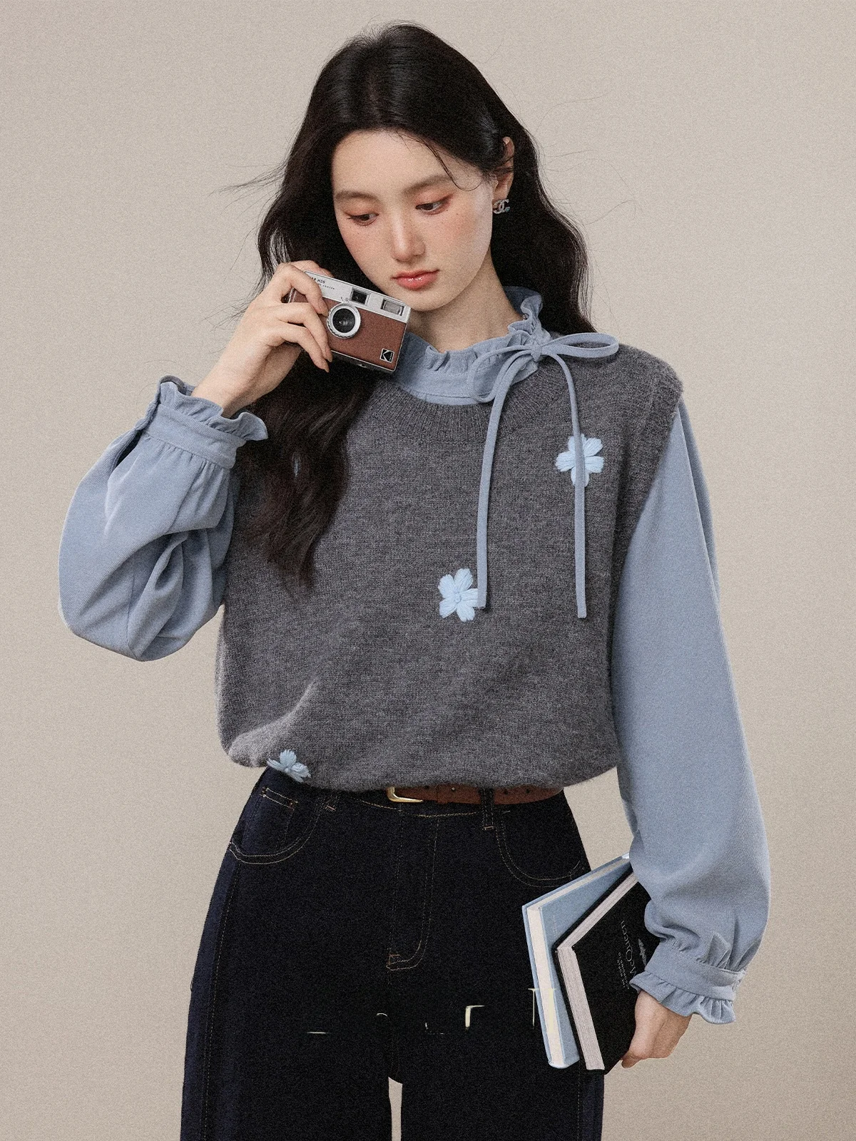 

Autumn Winter Long Sve Embroidered Knitted irt Belted Women's Faion Two Piece Set Breathable Comfortable round Ne Bu...