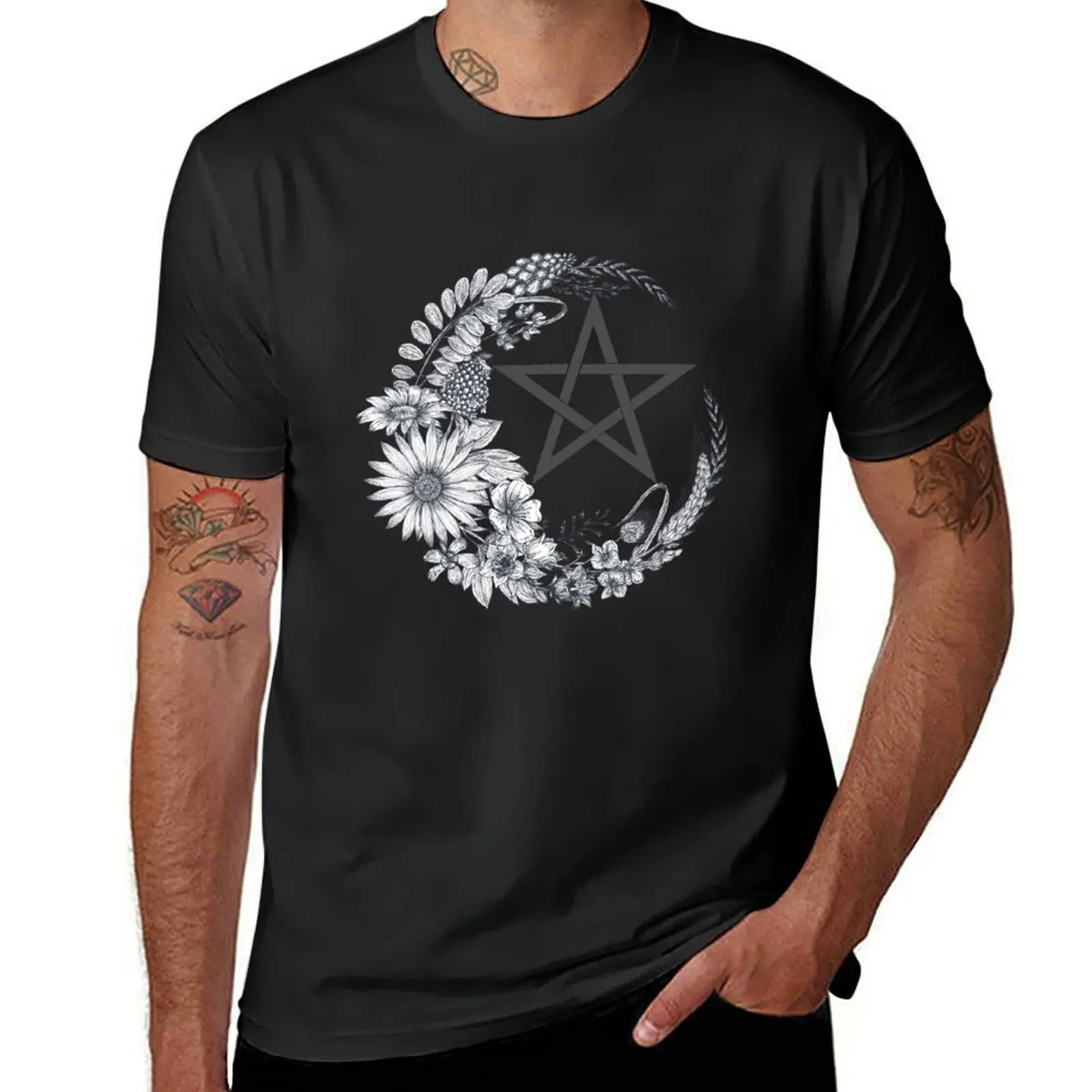 Pentagram with flower moon T-Shirt summer clothes Blouse animal prinfor boys slim fit t shirts for men