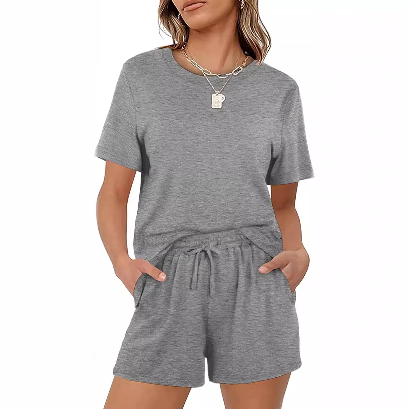 

Summer Women'S 2025 New Fashion Casual Solid Color Short Sleeve Elastic Strap Pocket Sports Style Sexy Shorts Two-Piece Set Set