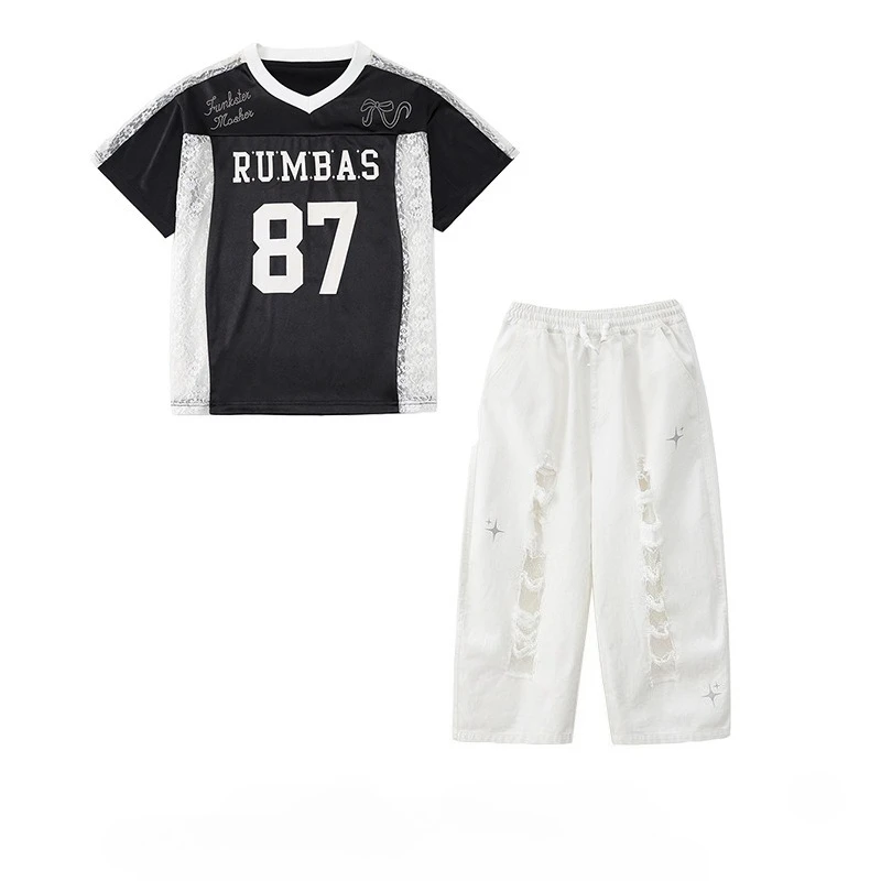 Girls Hip Hop Street Dance Clothes Black Short Sleeve T Shirt White Ripped Pants Modern Kpop Costume Jazz Performance Stage Wear