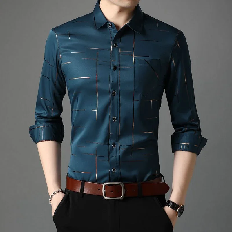 

Fashion Lapel Button Spliced Pockets All-match Printed Shirts Men Clothing 2023 Spring Summer New Casual Tops Loose Korean Shirt