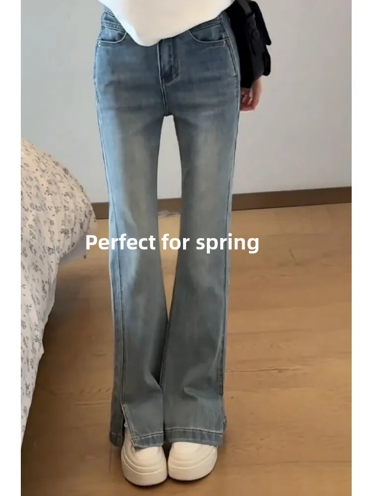 الضوء الأزرق عالية الخصر بسط الدينيم السراويل النسائية ربيع الخريف جديد Sle حجم كبير متوهج الطابق طول السراويل #5