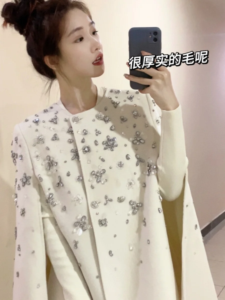 Exquisite Beadings Woolen Cape Coat For Women Fall And Winter 2025 Celebrity Casual Elegant Shawl Outwear Cloak White Black