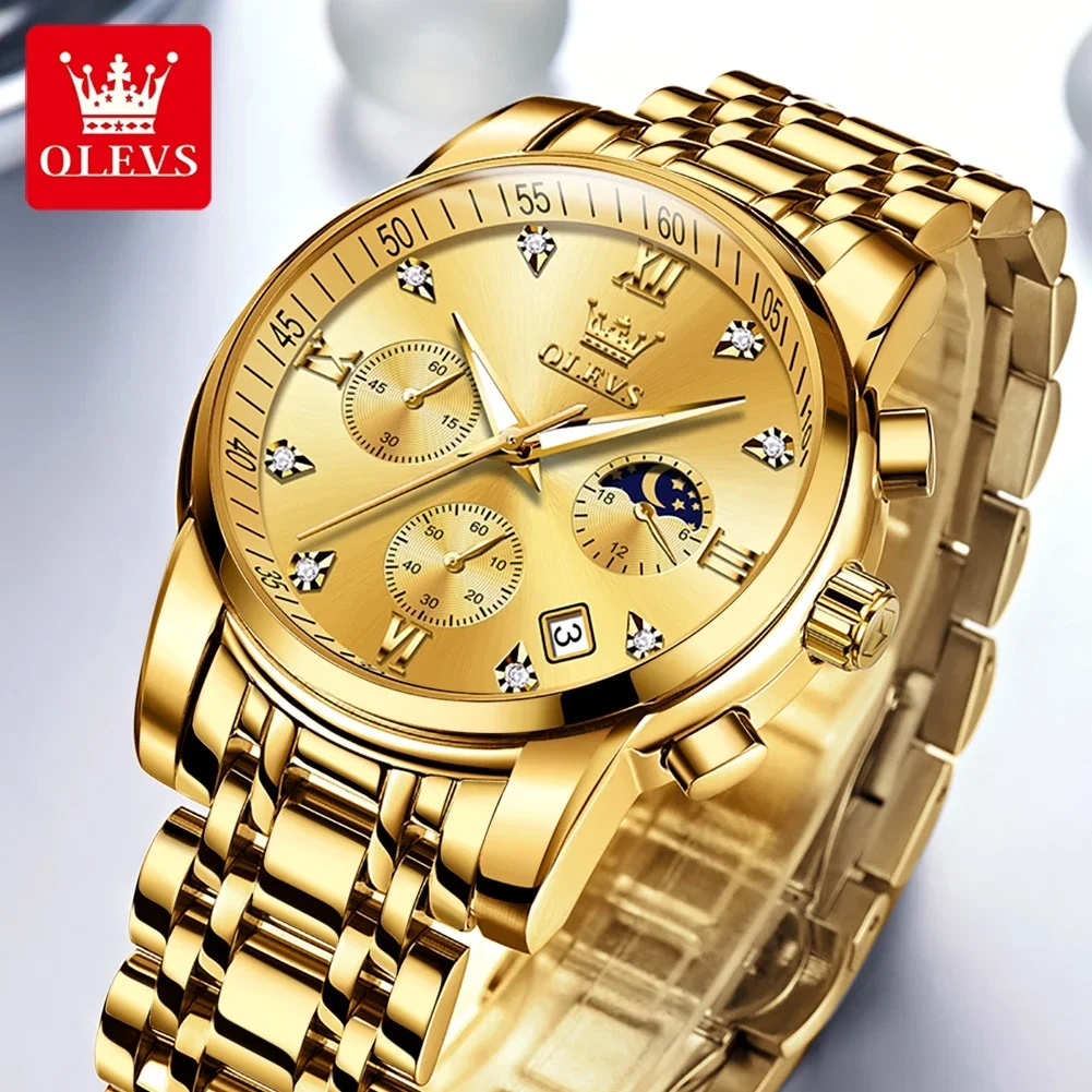 OLEVS Business Men's Quartz Watch Waterproof Luminous Wristwatch For Man Moon Phase Multifunctional Chronograph Male's Watches