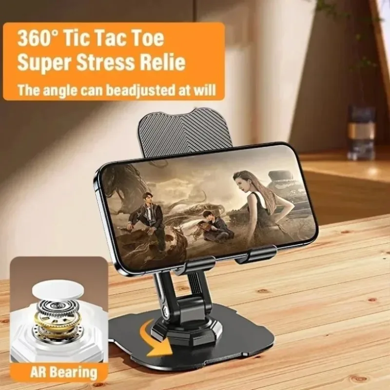 360° Rotatable Desktop Phone Tablet Stand Foldable Adjustable Aluminum Alloy Holder for iPad iPhone Samsung Streaming Home Use