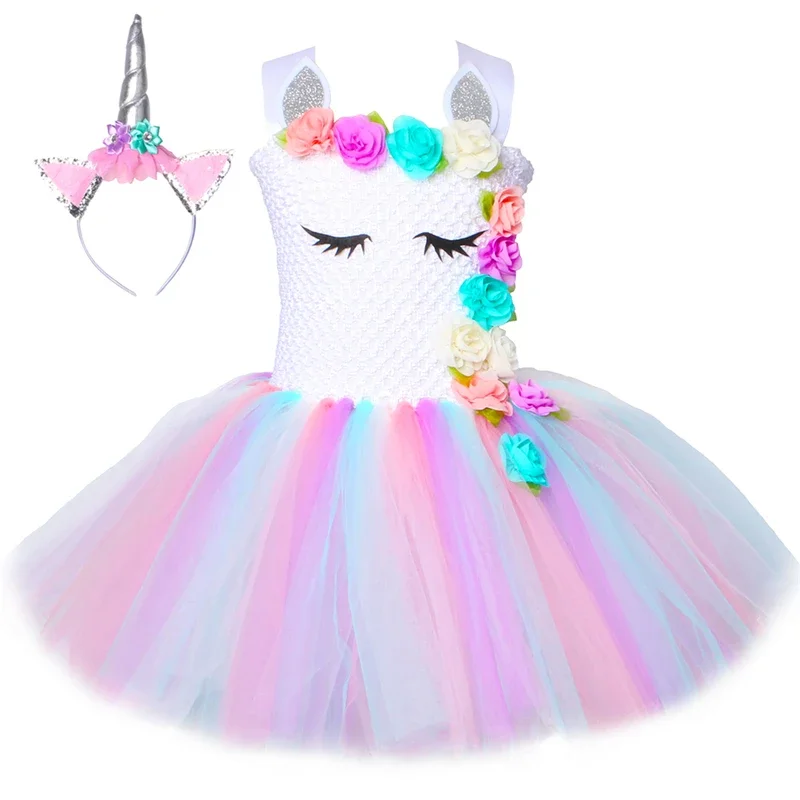 Flower Girls Unicorn Dress Pastel Rainbow Girls Birthday Party Tutu Dress Children Kids Halloween Princess Unicorn Costume 1-14Y