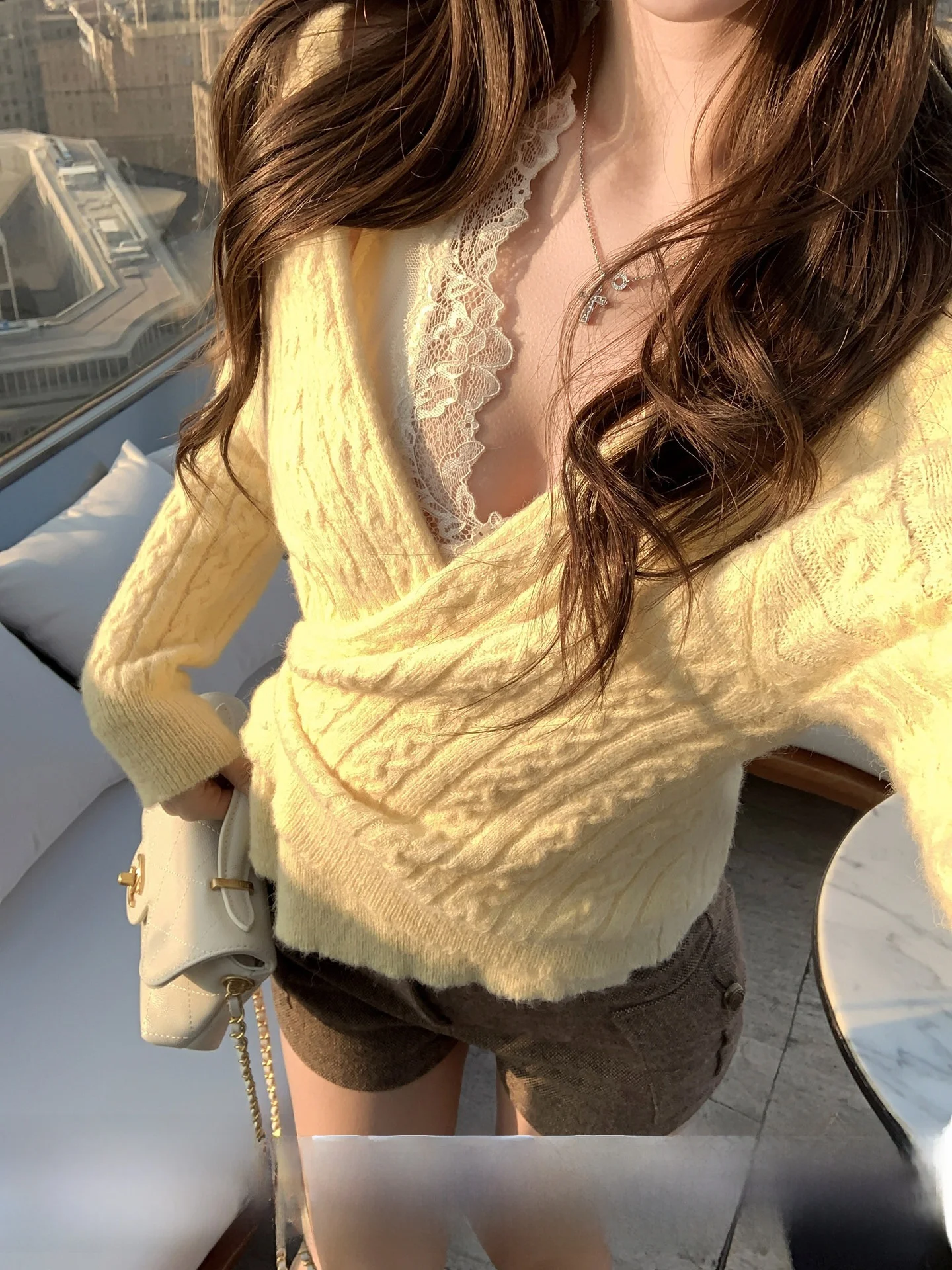 

Chu Rou Yao Neck Snow Pure Desire Gentle Lace Sweater Set Women Winter Casual Style Slim Fit Long Sleeve Cross Design Knitted