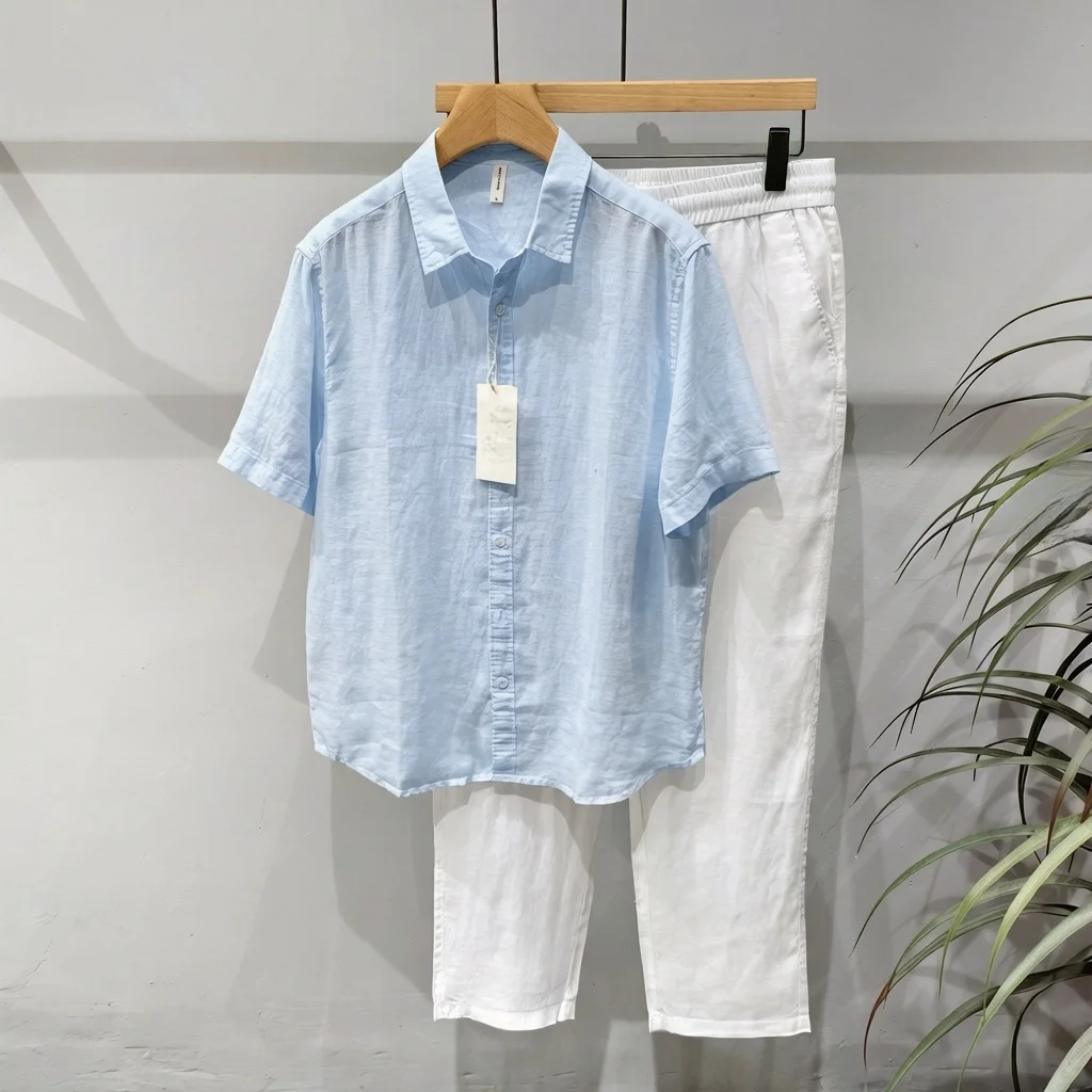 Casual Cotton Linen Short Sleeve Shirt And Pants Set Blue Men's Breathable Lightweight Summer Fashion Standard Fit Square Collar