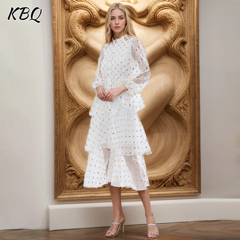 

KBQ Hit Color Printing Minimalist Casual Dress For Women Stand Collar Long Sleeve High Waist Slimming Dresses Female Fashion New