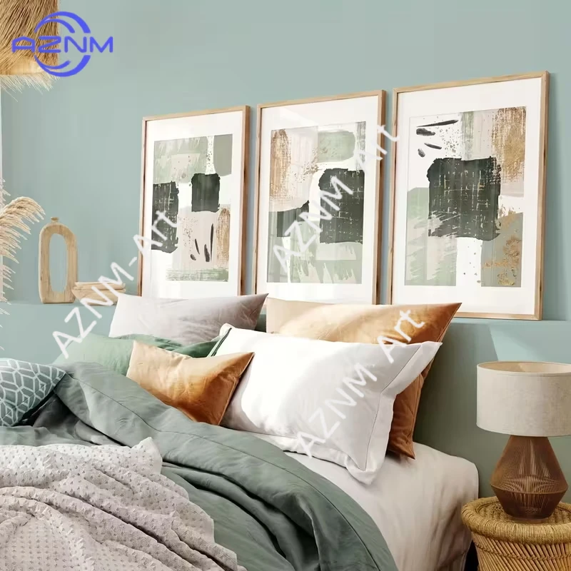 3-teiliges grünes abstraktes Leinwandgemälde, moderner Stil, modische Aquarell-förmige Dekoration für Wohnzimmer, Büro, Schlafzimmer und Zuhause