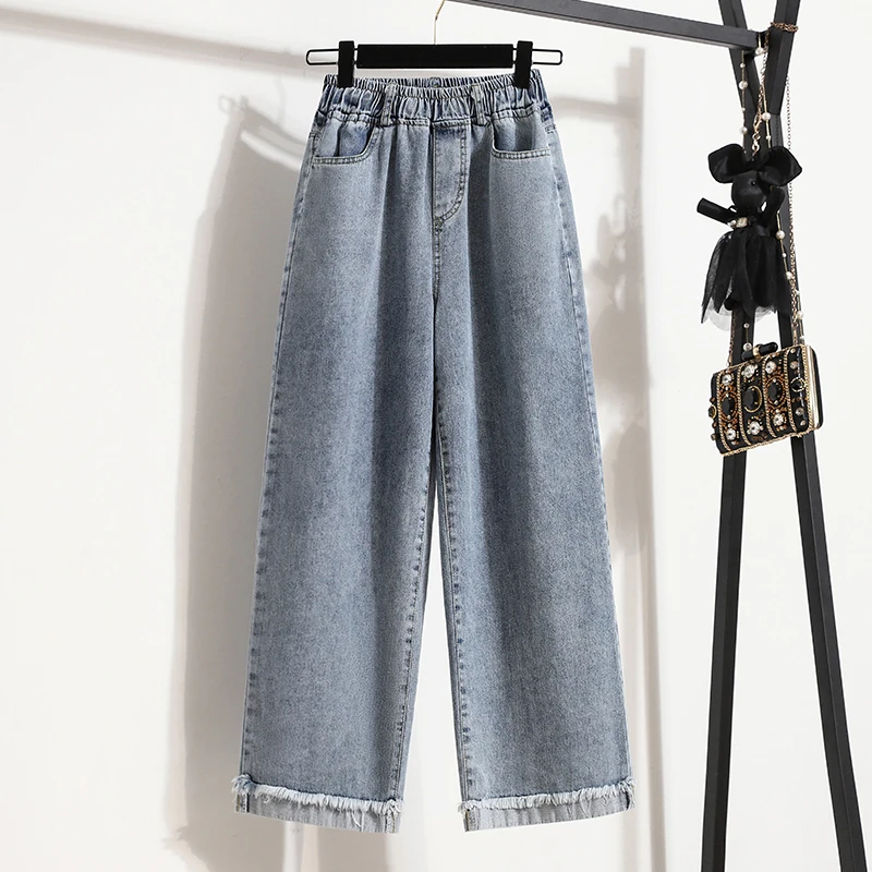 ハイウエスト ワイドレッグ ジーンズ レディース ルーズ ストレート スリミング カフ付き フロアレングス パンツ ズボン 春 レギュラー 薄手