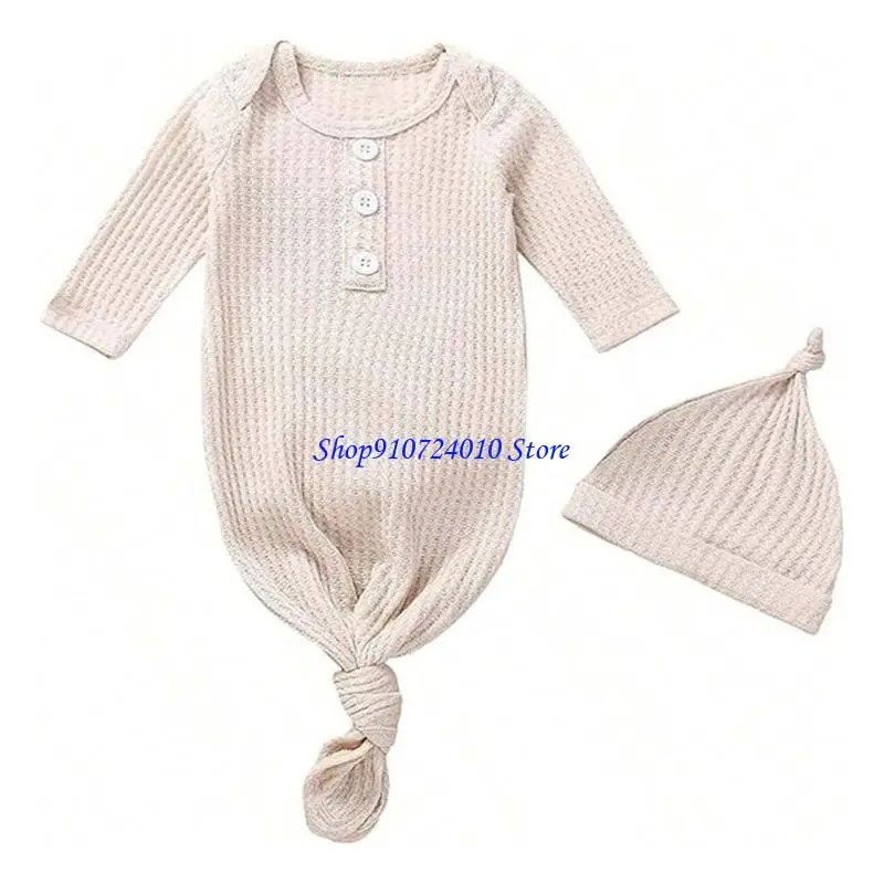 

77HD 2Pcs/set Baby Knotted Sleepwear Solid Color Long Sleeve Bathrobe & Hat for Newborns Providing Comfort and Convenience
