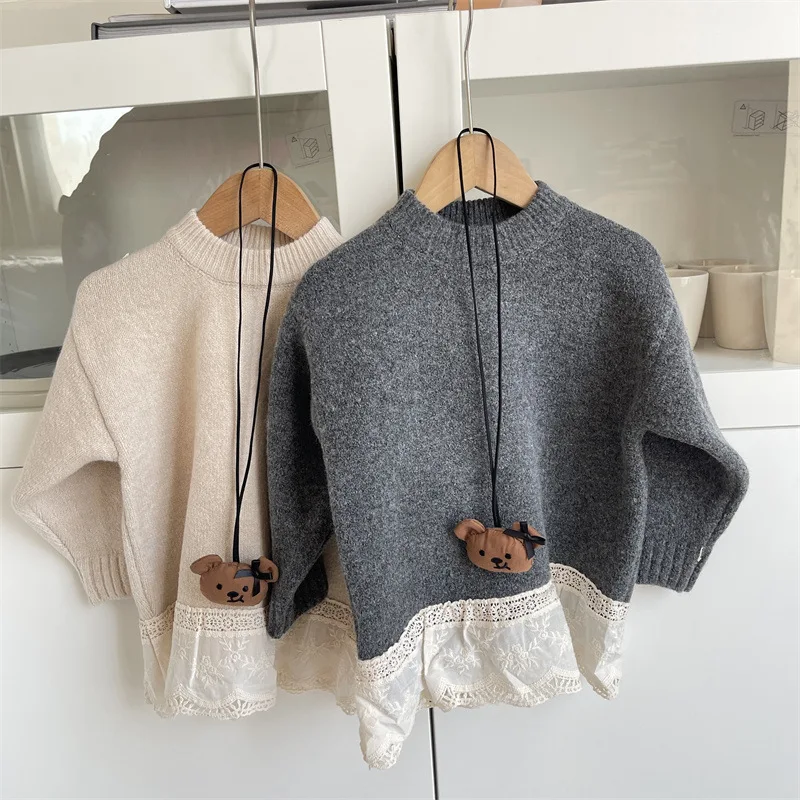 

Sweater Korean Boy Girl 2024 Autumn Winter Fashion Lace Knitting Pullover Western Color Matching Top Tide Active