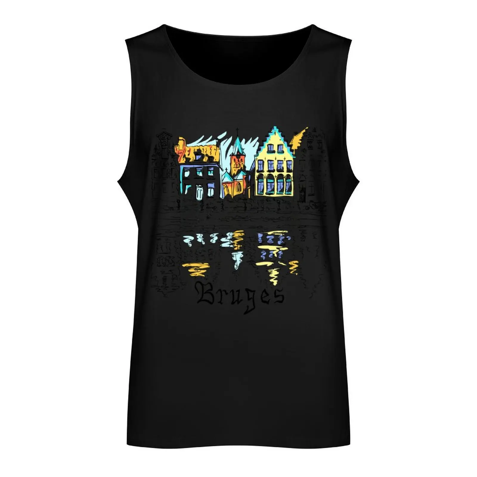 Scenic city view of Bruges canal with beautiful houses Tank Top sleeveless gym shirt man fitness plain t-shirt