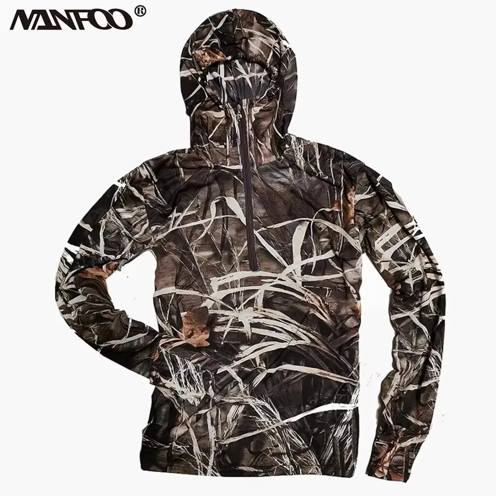 Thin Lightweight Summer Sun Protection Fishing Hoodie Breathable Elastic Quick-Dry Reed Camo Hunting Bird-Watching Hooded Shirt