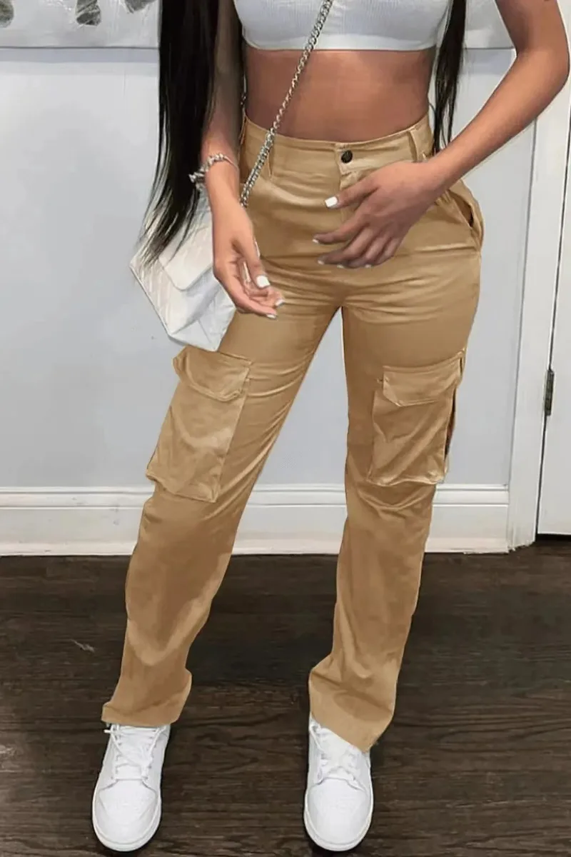 

Women's Zip Pocket Fashionable Cargo Pants New Mid-Waist Pocket Design Casual Pants High Stretchy Mid Waist Side Pocket Pants