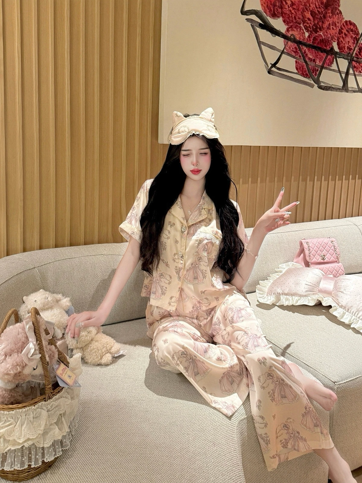 Sweet Ice Silk Short-sleeved Pajamas Spring and Summer High-end Lolita Princess Style Muse Loungewear Set 2025 New