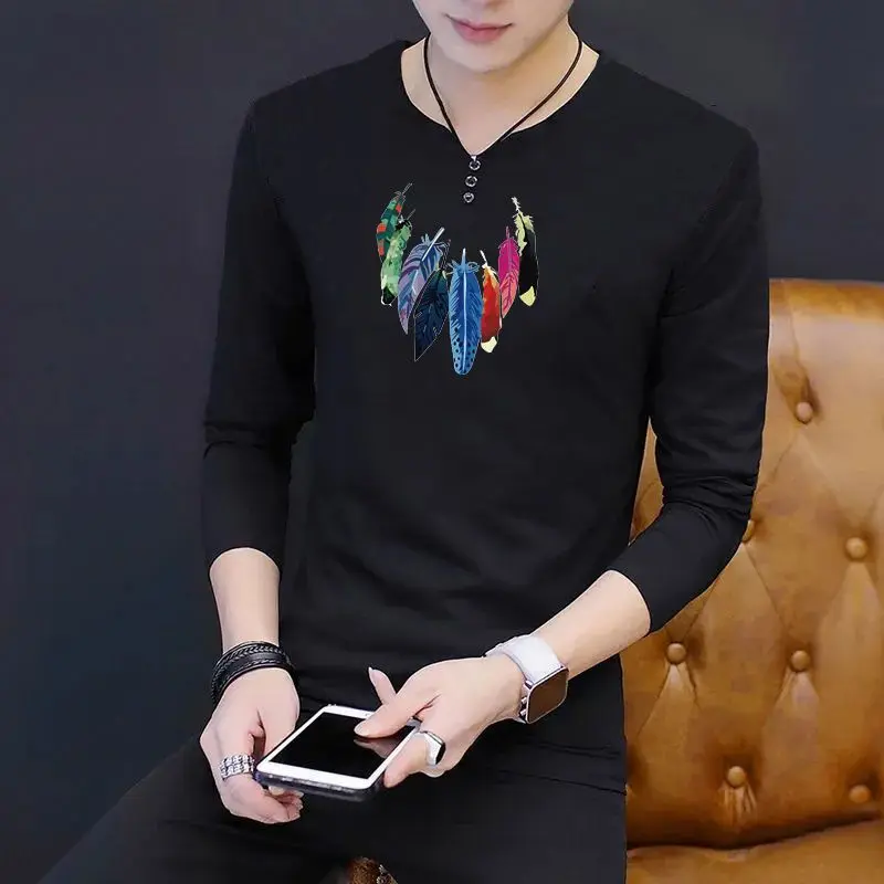 Men V Neck Printed Long Sleeve T Shirt New Autumn High Quality Pure Cotton Under Shirt