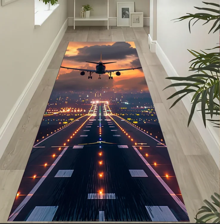 Airplane Runway Runner Rug Aerial View Non-Slip Rug Retro Black Stereo Carpet Vintage Console Design Decoration Style