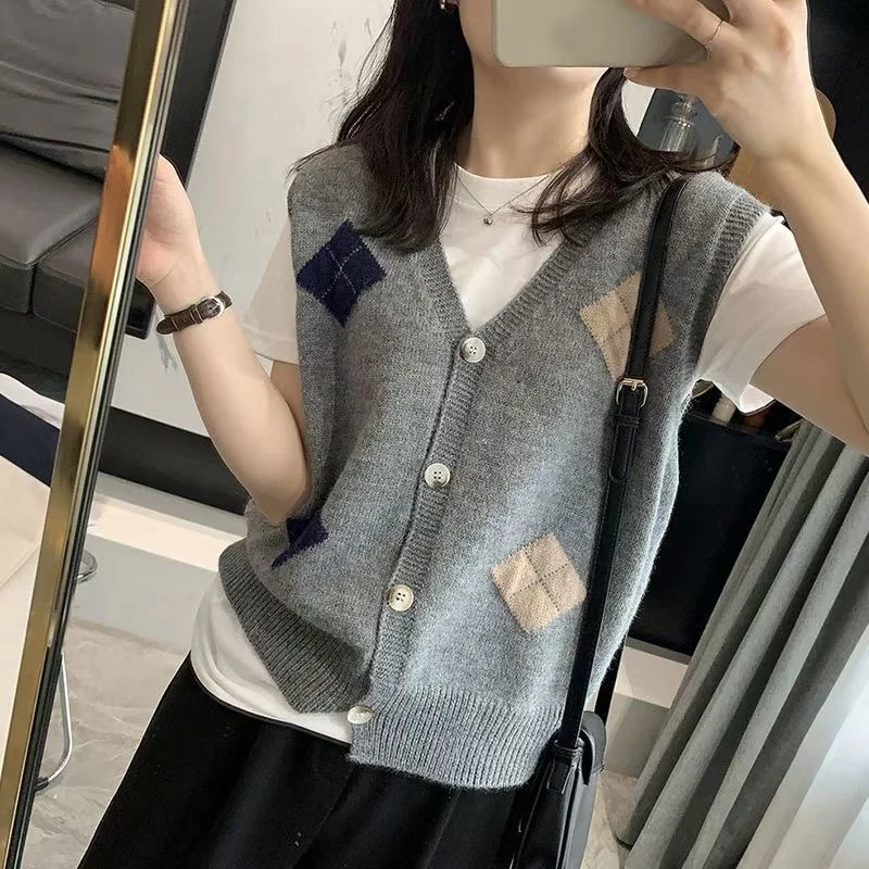 

Fashion Vintage Knitted Sweater Vest Women 2023 Cardigan Vests Casual Loose Sweater Sleeveless Autunm Winter Clothes Tops 28352