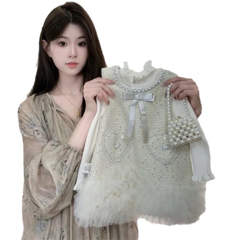 Kids Children Princess Clothes Vestidos 0-7Y 2026 Baby Girls Winter Clothing Set Velvet Warm Beaded TuTu Dress+knitted Sweaters
