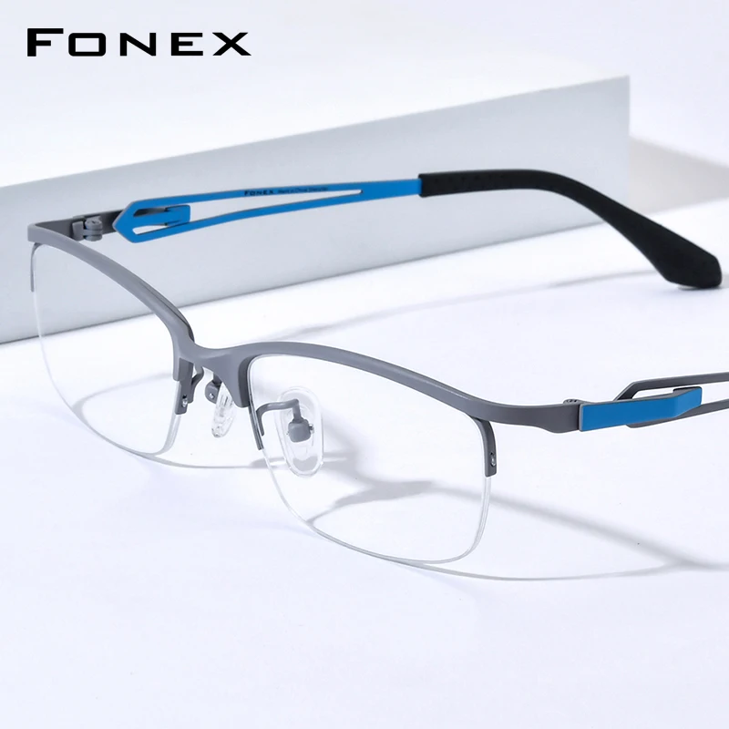 FONEX Titanium Glasses Frame Men Brand Design Semi-Rimless Square Eyeglasses Half-Rim Japanese Ultralight Eyewear 85867