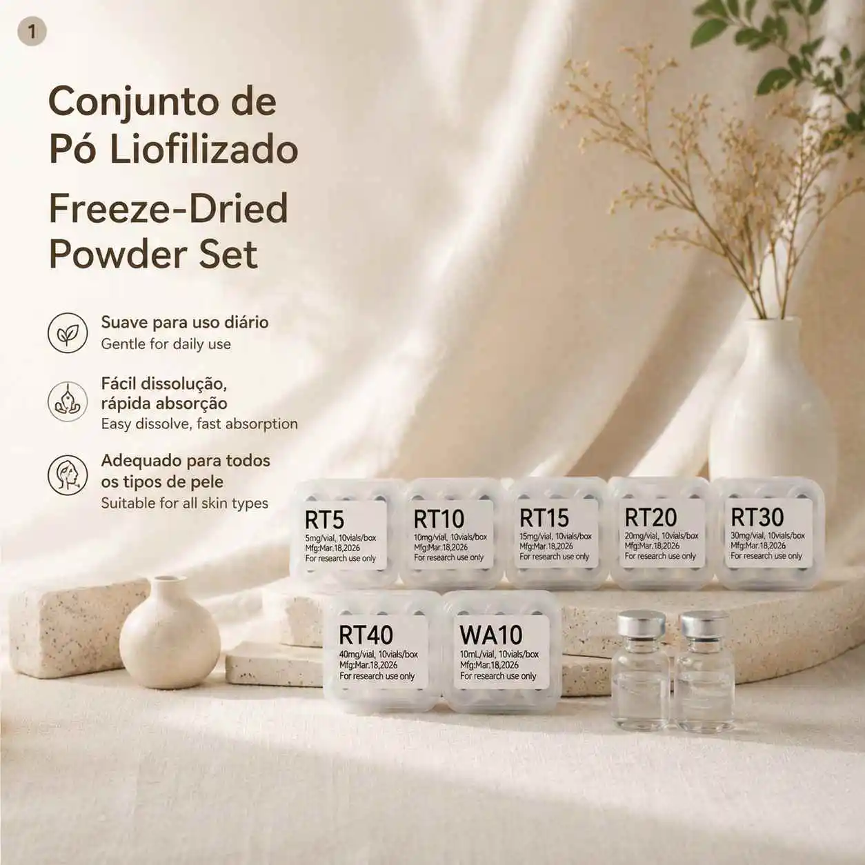 (Cap Color Varies) High-Quality Lyophilized Powder Kit (5mg, 10mg, 15mg, 20mg, 30mg, 40mg) — Includes RT Pure Water and WA10 Pur