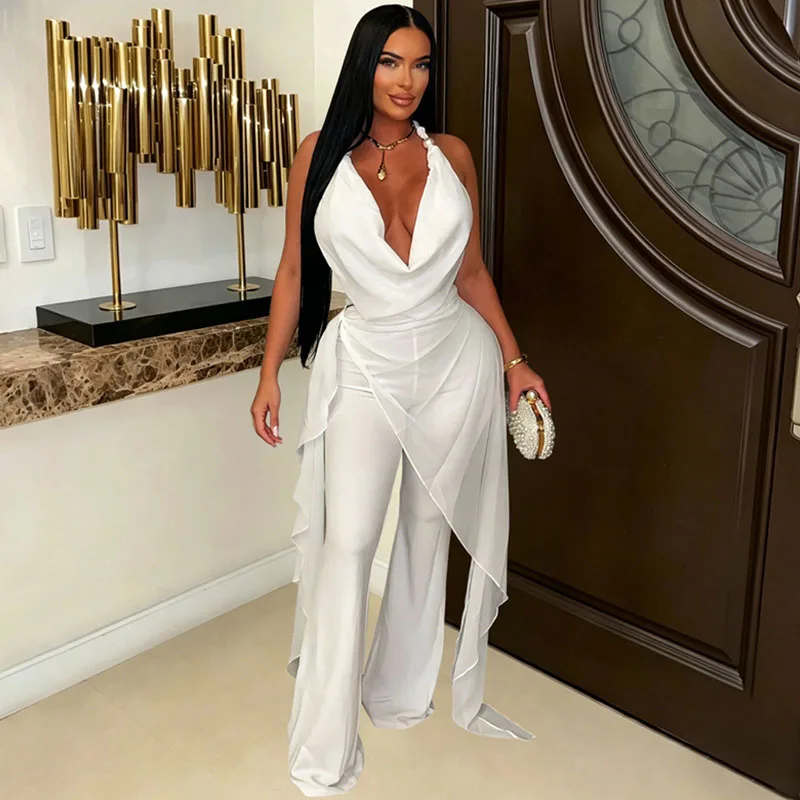 

Doyerl 2 Piece Sets Women Outfit Festival Clothing Halter V-neck Crop Top + Flare Pants Ruffles Club Party Matching Set Holiday