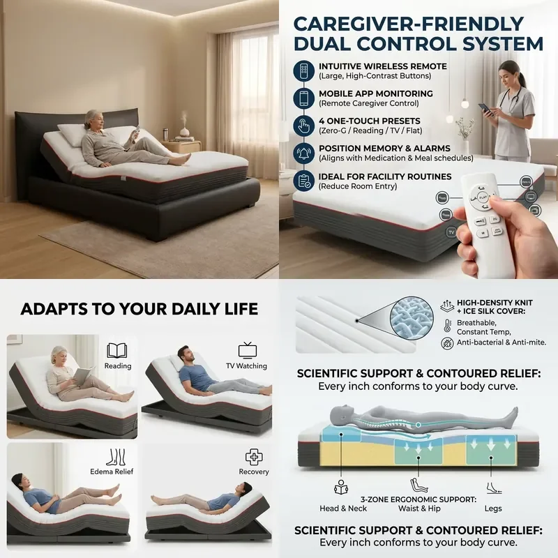 Electric Adjustable Bed Frame with German Aojin Motor Wireless Remote Control Zero Gravity Preset for Elderly Home Care Smart