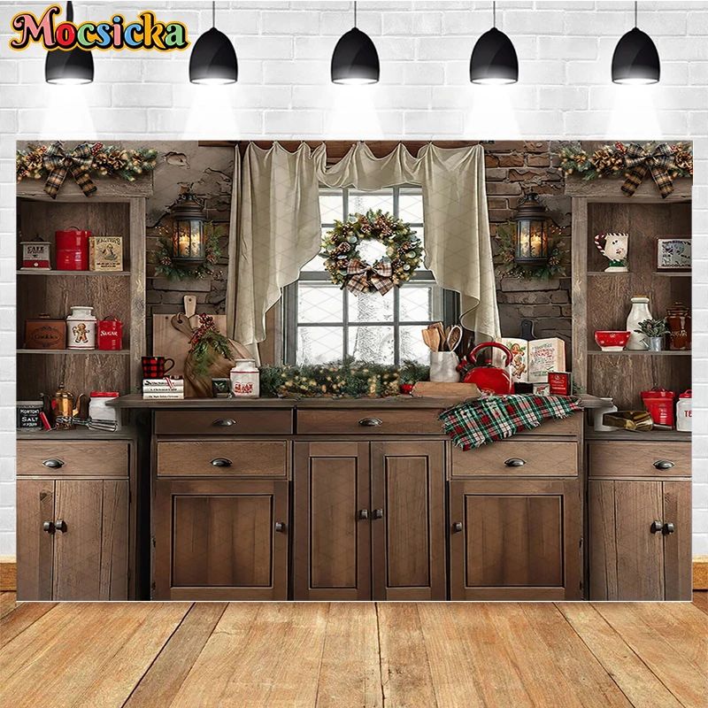 Mocsicka Photography Background Winter Christmas Kitchen Cook Window Xmas Trees Kids Family Portrait Decor Backdrop Photo Studio