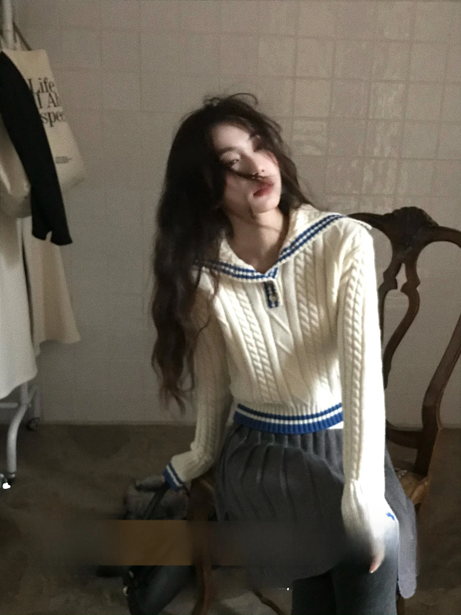 

ort Knitted Sweater Women's Large Collar Color Blo Twist Knit Winter Faion Nautical Sle Retro Navy Collar Sweater