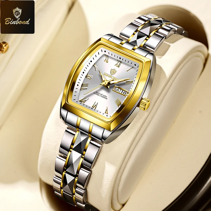 BINBOND B355 лучший бренд модные деловые женские роскошные кварцевые часы 30 м водонепроницаемые часы с датой недели спортивные повседневные женские наручные часы