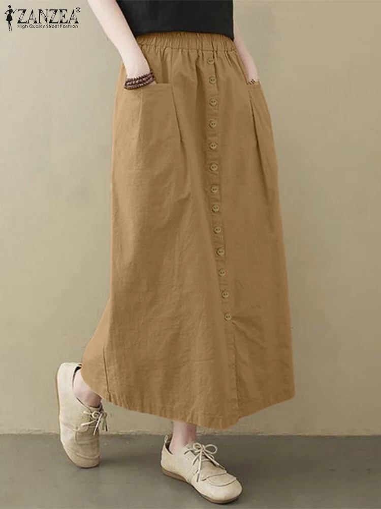 

Oversize Women Summer Elastic Waist Loose Casual Skirt ZANZEA 2023 Fashion A-line Solid Midi Skirts Work Jupe Kaftan Faldas Saia