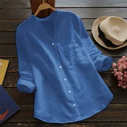 New Button Women'S Blouses Pockets Cotton Linen Casual Women'S Shirts Summer Comfortable V-Neck  Solid Color Loose Blouses