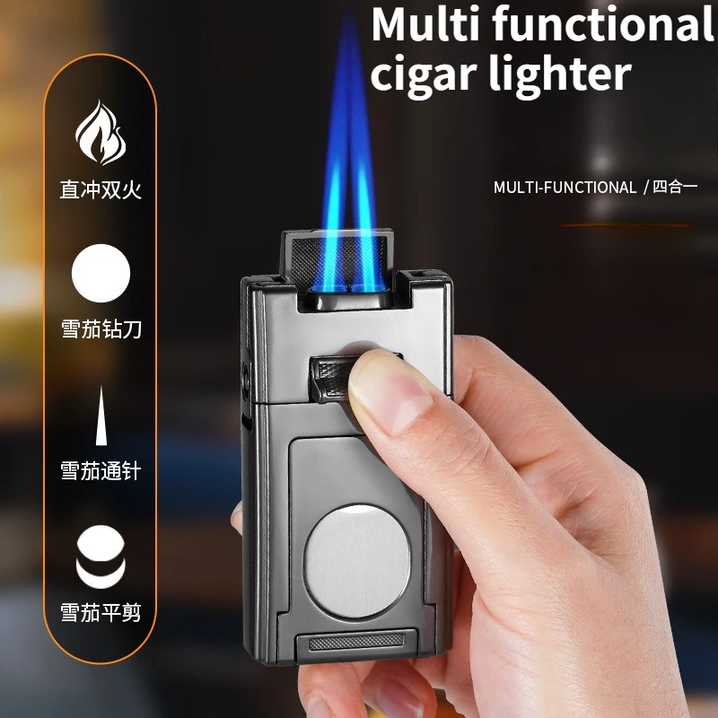 

New Fashionable Multi Functional Double Direct Charge Inflatable Windproof Blue Flame Cigar Knife Needle Portable Lighter