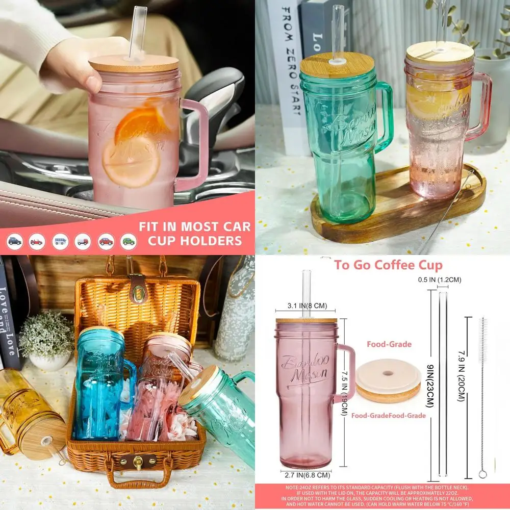 

Набор из 4 цветных стеклянных стаканчиков емкостью 24 унции с крышками, соломинками и ручкой — дорожные кружки, бамбуковые банки Mason, чашками для льда, смузи и чаем Tumbl