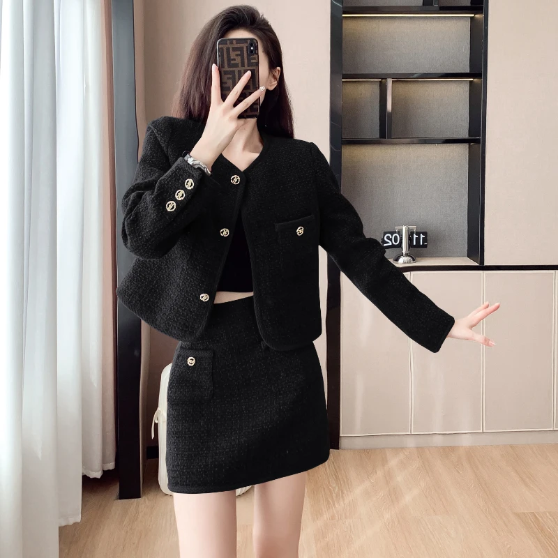 New Autumn Winter Suit Women\'s Elegant Tweed Fashion Edge Metal Button Short Coat High Waist Skirt Two-piece Set Female Clothes