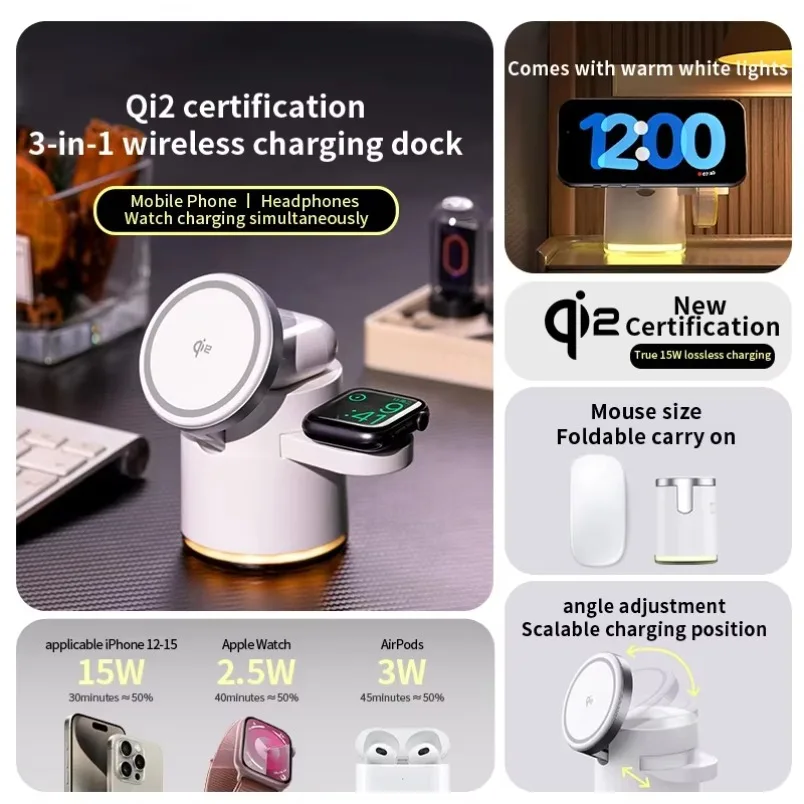Bedside Night Light Magnet Qi2 Wireless Charger 3in1 Heat Dissipation Charging Station for iPhone & Samsung Galaxy Watch Charger
