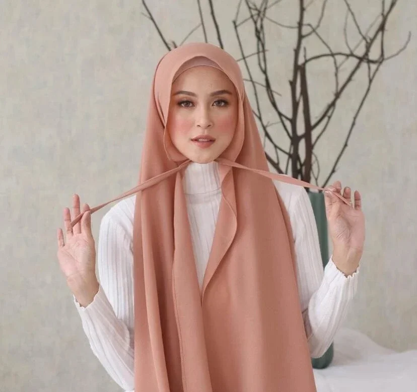 Plain Bubble Chiffon Hijabs Instant Hijab Scarf with Rope Convenient Women Hijabs Wrap Islam Muslim Shawls Scarves Hoofddoek