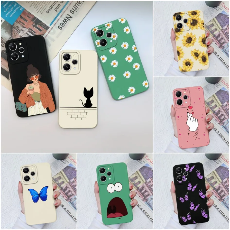 Case For Xiaomi Redmi 12 4G Fashion Sunflower Butterfly Shockproof Liquid Silicone Soft TPU Pretty Bumper For Redmi12 Funda Capa