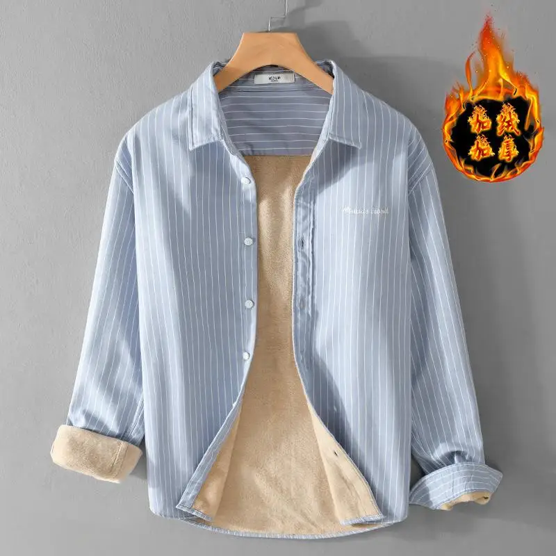 

Trendy Men's Warm Striped irt Cotton Long Sve Thiened Flannel Youth Casual Wear Daily Faionable Top for Men