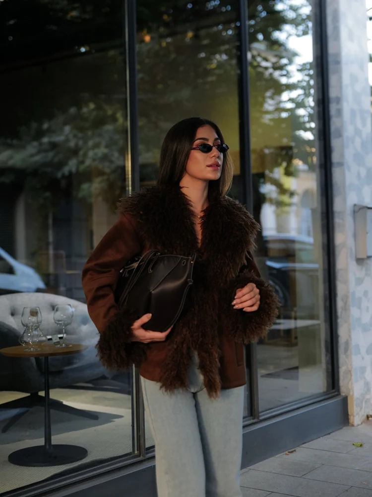 여성용 인조 모피 코트 브라운 아우터웨어 여성용 2025 겨울 재킷 테디 베어 코트 긴 소매 탑 여성 패션 재킷