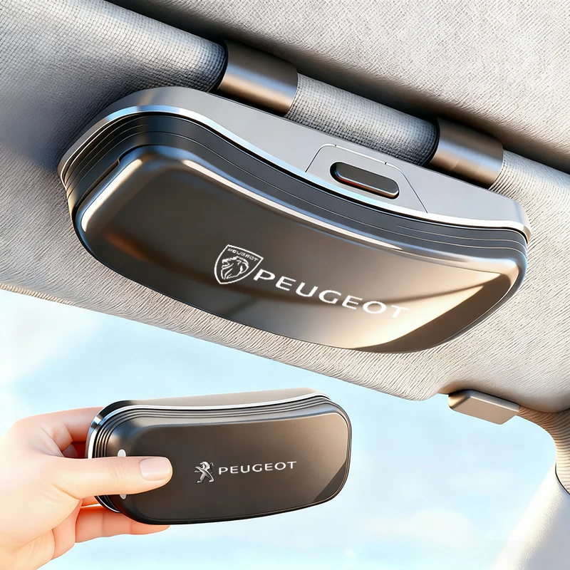 Estojo de Armazenamento de Óculos de Sol com Emblema Automotivo para Quebra-Sol - Suporte para Óculos Peugeot 307 308 3008 207 208 407 408 508 2008 301 / Válvula de Pneu Automotiva