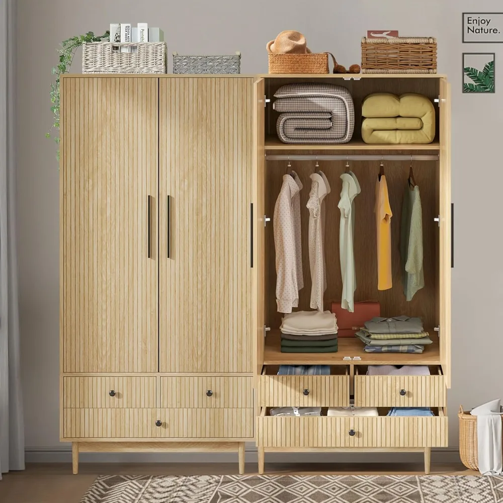 Wardrobe Closet Set of 2,Modern Wooden Clothes Storage Cabinet with 2 Fluted Doors,With Hanging Rod and Shelf Storage