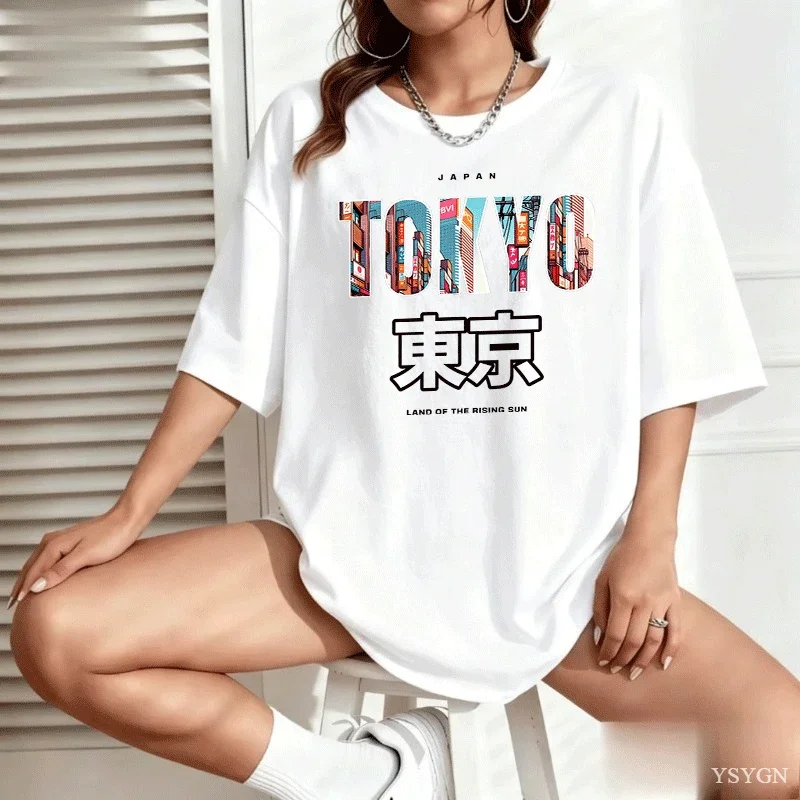 Women Tee Tokyo Japan City Photo Letter Graphic Print O Neck Summer Loose Fit Soft Cotton Female Urban Street Casual Shirt