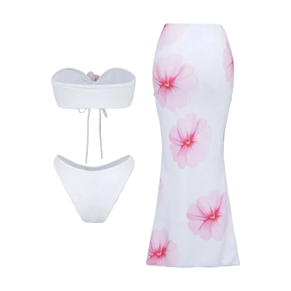 Conjunto de bikini floral blanco con vestido maxi de flores rosas, traje de baño de playa de 3 piezas para mujer, novedad de verano 2025, traje de vacaciones