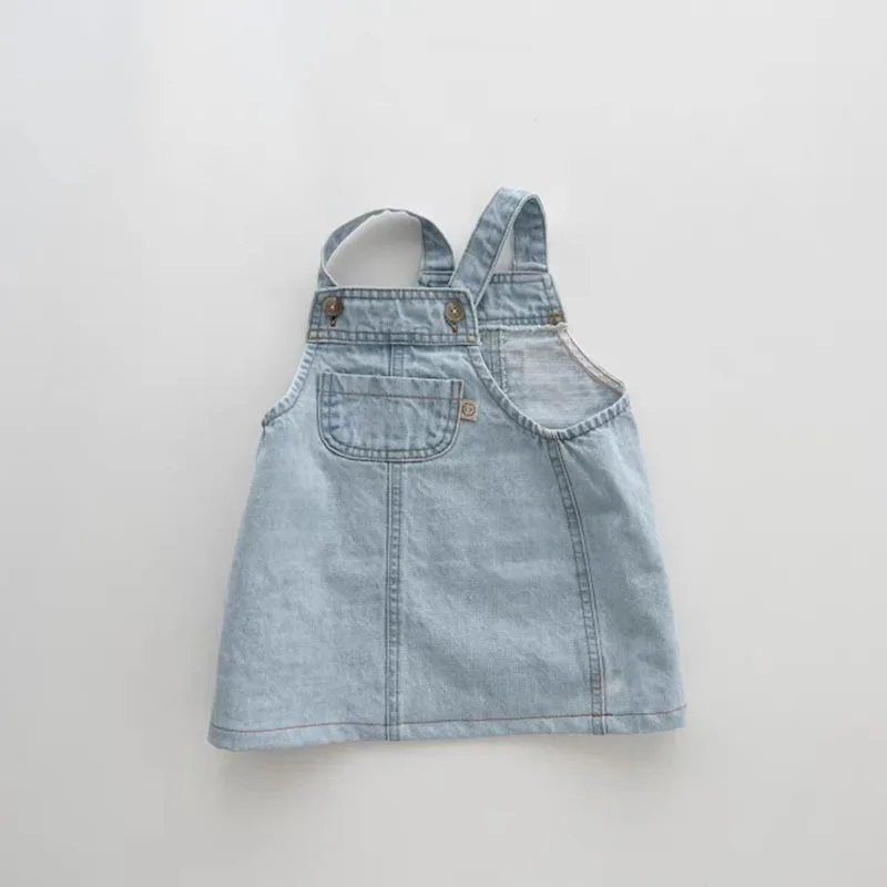 2024 Summer New Baby Girl Sleeveless Denim Dress Solid Infant Strap Dress Fashion Toddler Girls Casual Pocket Dress Baby Clothes