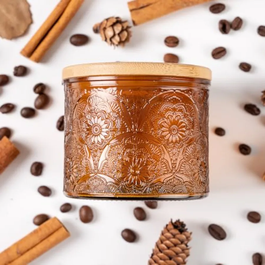 

10 oz Embossed Glass Candle Container with Bamboo Lids and Labels, Candle Jars for Making Candles, Mandala Design - Pack of 9